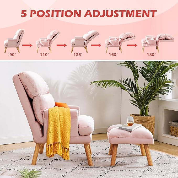 Accent Chair with Ottoman Comfy Reading Chair Armchair with Adjustable Backrest and Side Pockets Soft Fabric Leisure Sofa for Bedroom, Living Room, Dorm Rooms, Garden, Pink