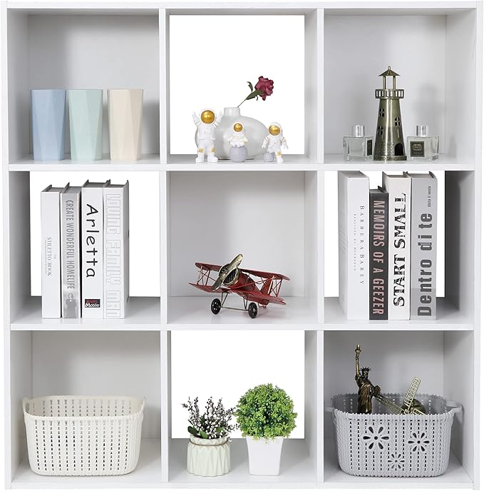 ZenStyle 9 Cube Storage Shelf Organizer, Wooden Bookshelf System Display Cube Shelves Compartments, Customizable W/ 5 Removable Back Panels (White)