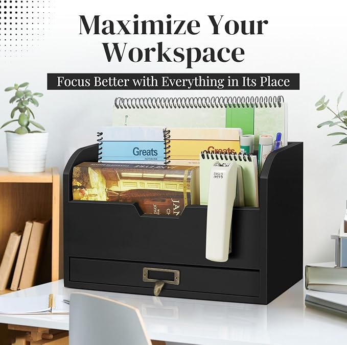 Flexzion 3 Tier Wooden Desk Organizer - Country Rustic Mail Organizer Countertop Compartments Slot File Tray Pencil Sorter Shelf Holder Accessories Set with Storage Drawer for Home Office, Light Brown