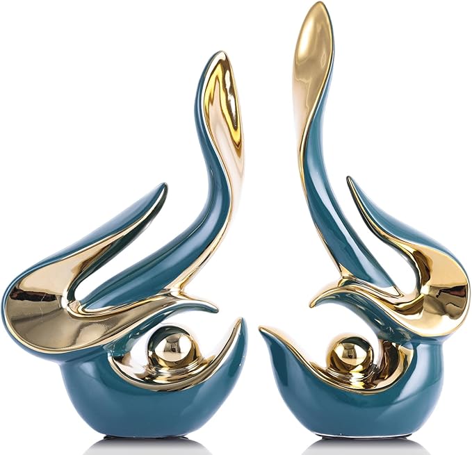 XMGZQ Mid Century Modern Abstract Art Home Decor Accent,Porcelain Statues for Living Room Coffee Table Centerpieces for Dining Room,Ceramic Sculptures and Gold Knick Knacks for TV Stand Decor (Green)