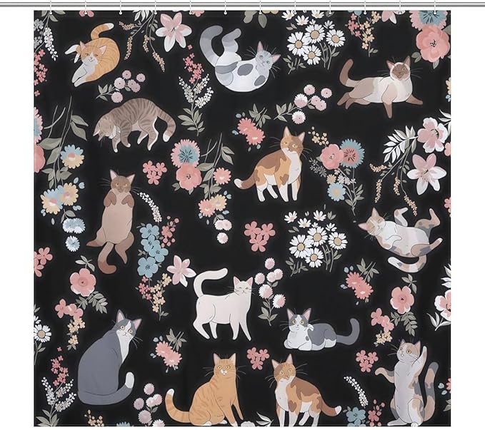 Cat Shower Curtain,Watercolor Black Floral Garden Funny Animals Bathroom Curtain Polyester Waterproof Fabric Decor 72x72in（183x183cm）