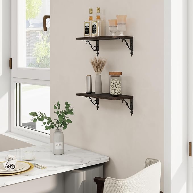 RICHFOCUS Floating Shelves for Wall Decor, 8 Inch Deep Shelves Set of 2, 16W x 8D Floating Shelves Wall Mounted with Metal Brackets, Rustic Wood Shelves for Living Room Bedroom Kitchen, Black