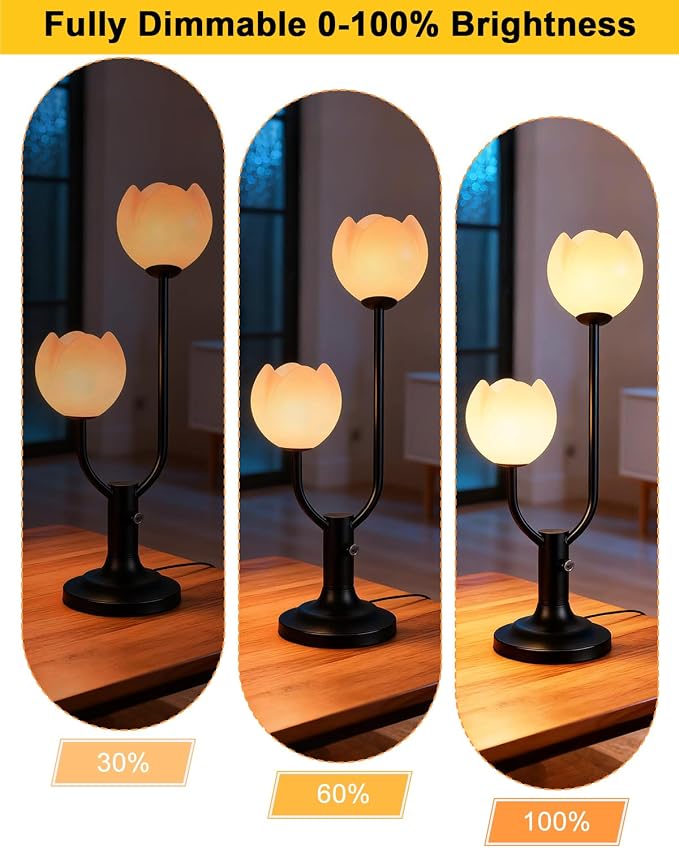 Lightdot Black Flower Table Lamp for Bedroom, 2 Floral Heads 3000K Warmwhite Dimmable Bedside Lamps with Plug, Mid Century Modern Small Desk Lamp for Living Room Nightstands Home Office
