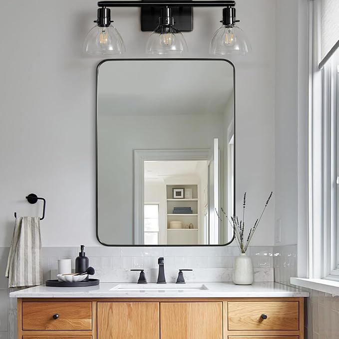 Black Bathroom Mirror 24X32 Inch Rounded Rectangle Wall Mirror Stainless Steel Metal Frame Vanity Mirror Anti-Rust for Entryway, Bathroom, Vanity, Living Room Hangs Vertically or Horizontally