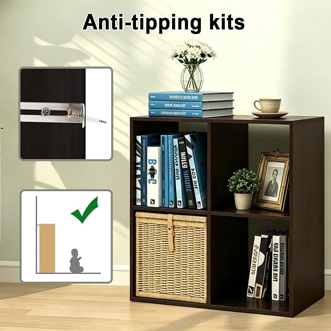 4 Cube Shelf with Anti-Tipping Kits + Reversible Open Back Bookcase, Multi Layer and Multi Grid Partition Layout (Chocolate 11in)