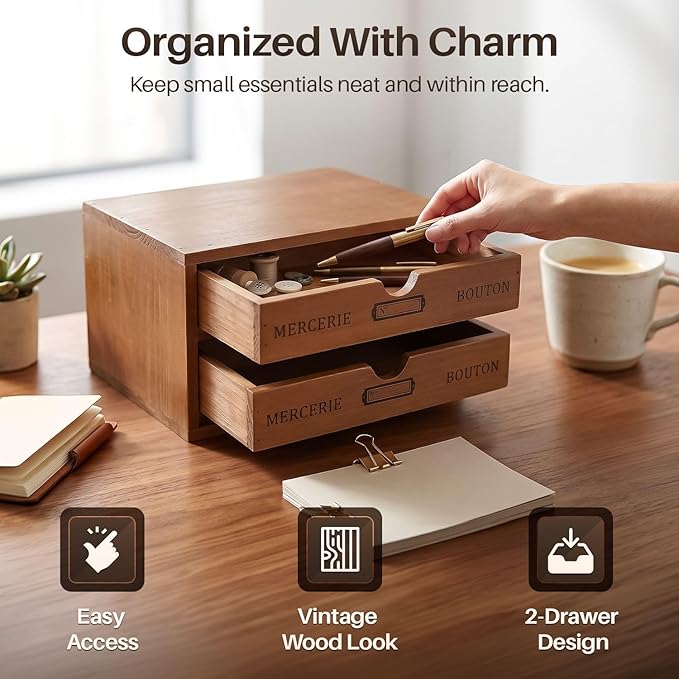 Flexzion Wood Desk Organizer with 2 Drawers, Vintage Desktop Drawers Cabinet for Office Supplies, Home Workspace, Countertop, Vanity, Craft Tools & Mail, No Assembly Required