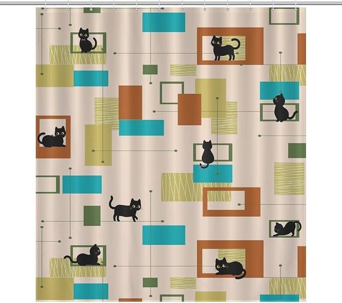 Mid Century Black Cat Shower Curtain,Vintage Abstract 60s Geometric Pattern Modern Decor Bathroom Curtain Polyester Waterproof Fabric 66x72in（168x183cm）