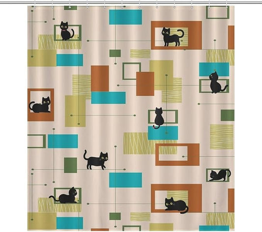 Mid Century Black Cat Shower Curtain,Vintage Abstract 60s Geometric Pattern Modern Decor Bathroom Curtain Polyester Waterproof Fabric 66x72in（168x183cm）