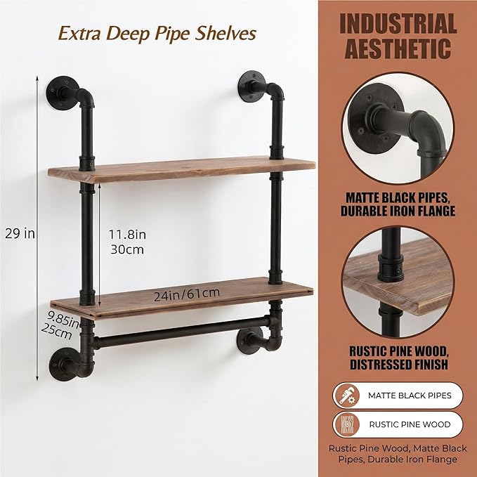 ROGMARS 2 Tier 24" Extra Deep Industrial Pipe Floating Wall Shelves | Rustic Pine Wood Pipe Bathroom Shelves with Towel Bar | Industrial Pipe Shelving for Small Space Storage