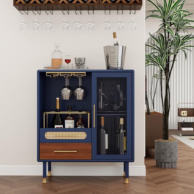 ARTPOWER Modern Coffee Bar Cabinet with Wine Glass Rack and Drawers, Blue Liquor Cabinet with Pull-Out Wine Storage for Kitchen, Dining Room, Living Room