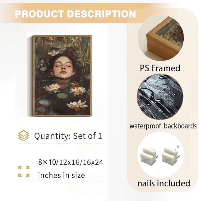 WALLZK Vintage Framed Wall Art Lotus Pool Canvas Prints Woman Portrait Artistic Painting Decor Artwork for Walls Living Room Bedroom Bathroom 8"x10"