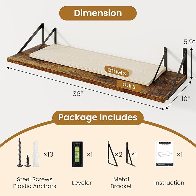 Deep Floating Shelves for Wall,36" Wx10 D Wood Wall Shelves with Metal Brackets,Hanging Storage Floating Shelf for Living Room,Bedroom,Bathroom,Office,Kitchen,Rustic Brown
