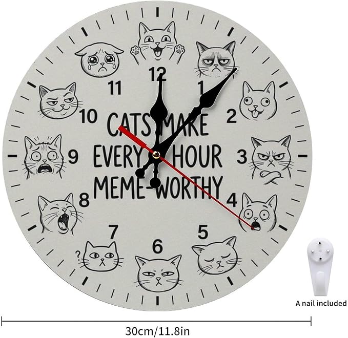 Cat Meme Faces Wooden Wall Clock Silent Non-Ticking Battery Operated | Modern Frameless Home Decor for Playroom Office Bedroom Kitchen Animal Lover Gift