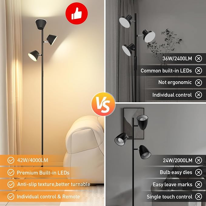 LED Tree Floor Lamp 42W, 4200 Lumens Super Bright Floor Lamps for Living Room with Remote & Touch Control, 3 Rotatable Lights 4 Color Temperatures, Modern Tall Standing Lamp for Bedroom Office