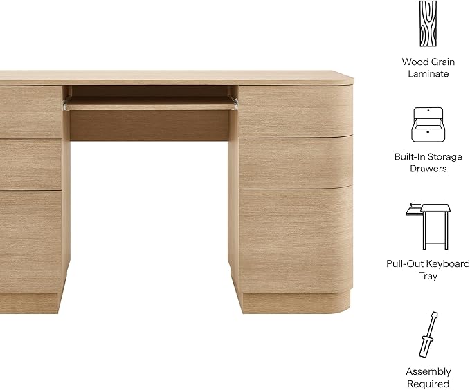 Modway Mirae 55 Inch Computer Desk with Drawers in Brushed Light Oak – Modern Compact Office Desk with Keyboard Tray, Curved Edges, and 6 Storage Drawers for Bedroom, Dorm Room, or Vanity Setup