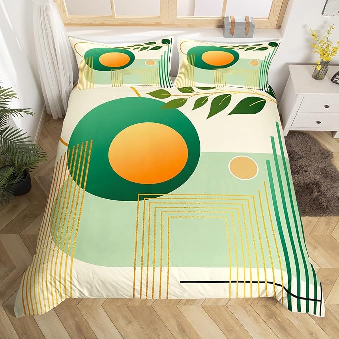 Erosebridal Boho Mid Century Twin Comforter Cover Green and Beige Neutral Modern Duvet Cover Geometric Abstract Bed Set Minimalist Aesthetic Bedding Set