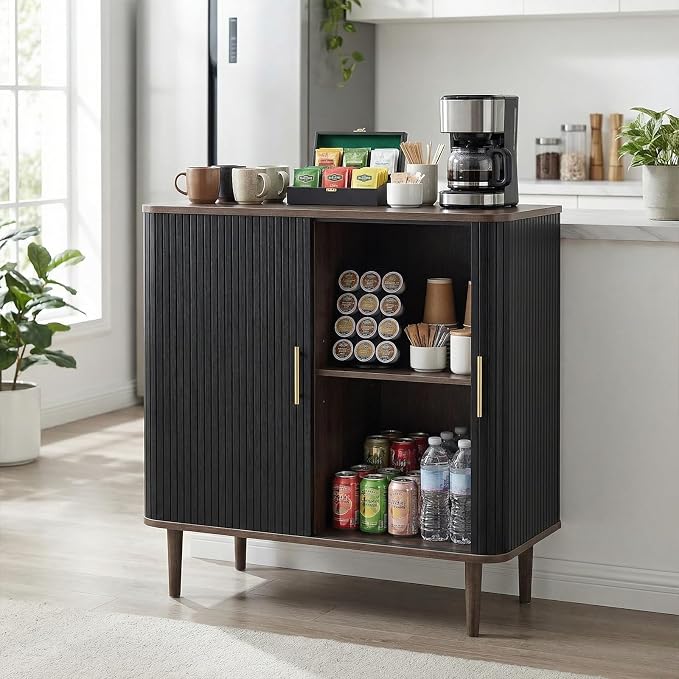 AKMAKM 35" Fluted Accent Buffet Cabinet, Black Small Storage Sideboard with Sliding Door, Mid Century Modern Credenza with Solid Wood Leg, Wine Coffee Bar Console Table for Kitchen, Entryway, Living