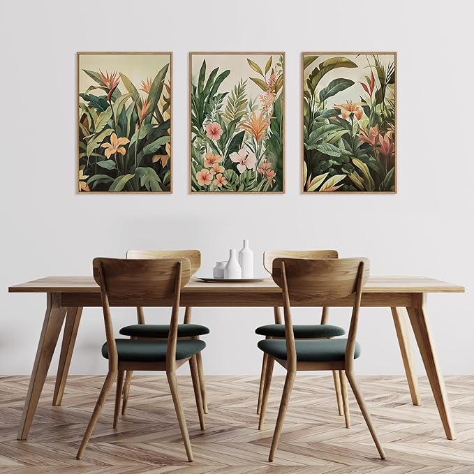HLNIUC Boho Tropical Leaves Wall Art,Modern Abstract Floral Canvas Wall Decor Set of 3(16”x24”) Green Plant Banana Leaf Painting,Tropical Botanical Jungle Art Print for Living Room,Bedroom,Office