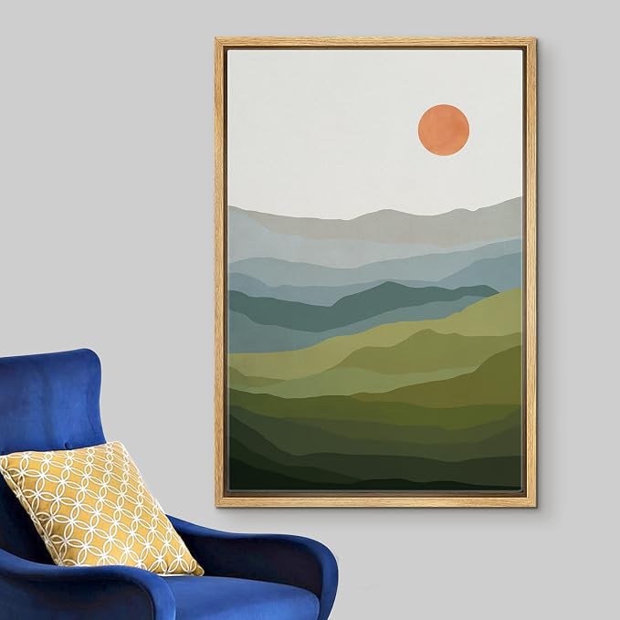 Woodrose Framed Canvas Print Wall Art Green, Blue & Gray Mountain Landscape Abstract Shapes Illustrations Modern Art Minimalist 3D Colorful Ultra for Living Room, Bedroom, Office - 24"x36" NATURAL