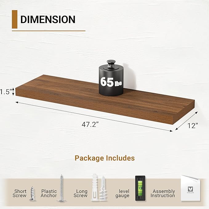 Vivelove Rustic Floating Shelves for Wall 12 Inch Deep, 47.2" X 12" X 1.5" Floating Shelf, 2 Inch Thick Shelf for Living Room Bathroom Bedroom Kitchen Office, Rustic Farmhouse Decor Set of 2, Walnut