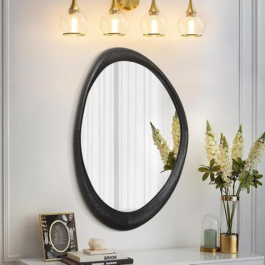 AAZZKANG Irregular Wall Mirror 28"x20" Black Asymmetrical Wall Mounted Mirrors Modern Wood Frame Mirror Large for Bathroom Bedroom Living Room Entryway