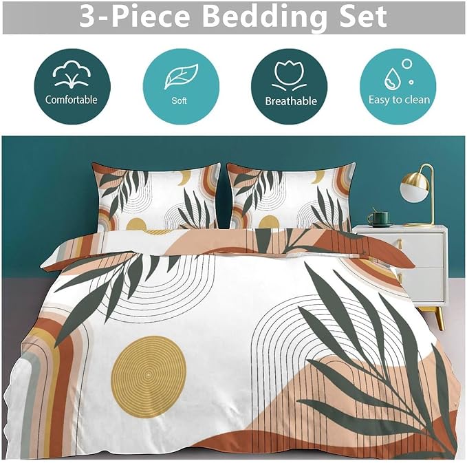 Boho Leaf Bedding Set,Mid Century Palm Tropical Leaf Abstract Geometric Modern Minimalism Comforter Set with Pillowcase for Bedroom Bed Decor,King 102"x90"