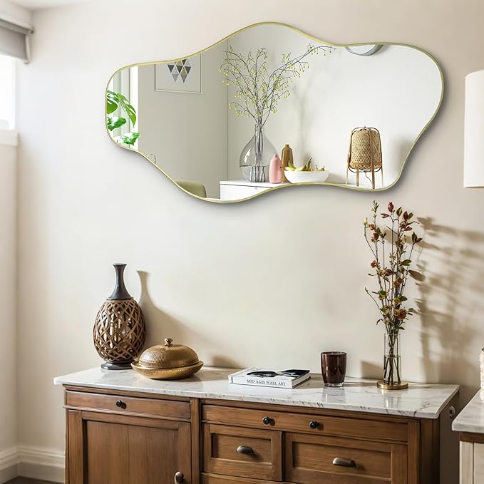 Gold Irregular Wall Mirror, 35.8"x17.7" Asymmetrical Tempered Glass Mirror Decorative, Modern Abstract Frameless Cloud Mirrors for Living Room Bathroom Bedroom Entryway, Horizontal or Vertical Hanging