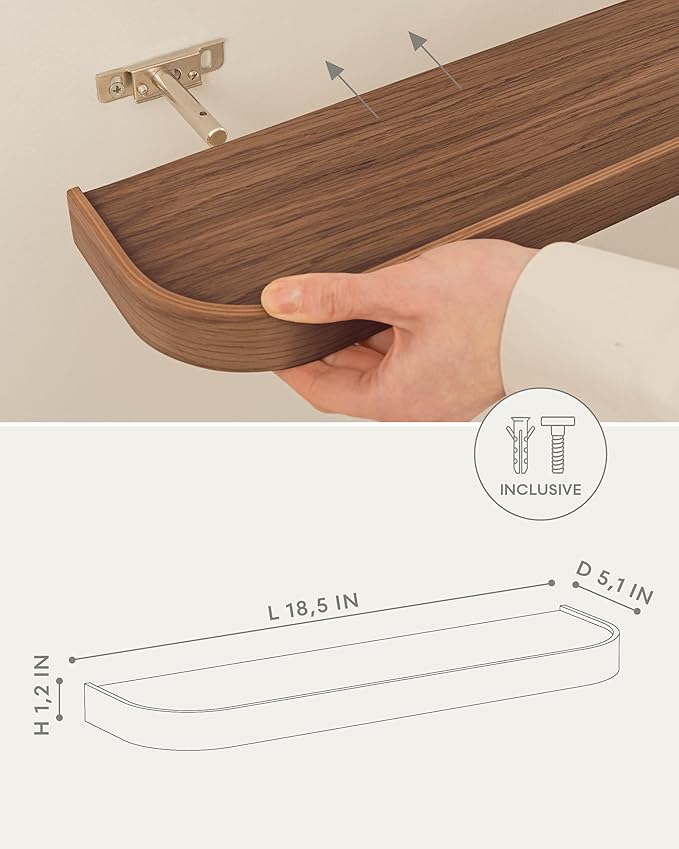 Kazai.® 18.5 inches Floating Shelves for Wall 'Toke' | Set of 3 Small Mounted Wooden Shelf Units | Modern Wall Decor & Storage for Living Room, Bathroom, Kitchen, Bedroom & More | Walnut
