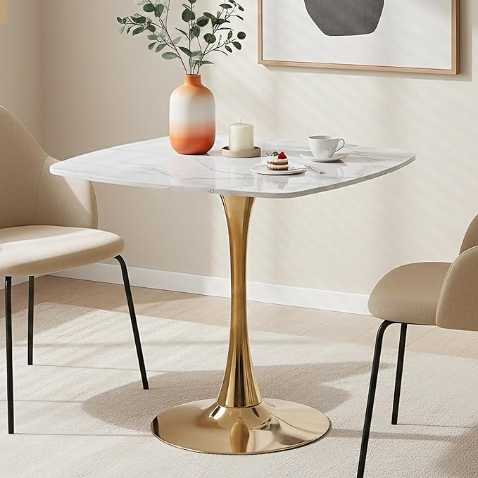 Square Dining Table,31.5" Tulip Table with Metal Pedestal,15-Minute Quick Assembly,Mid Century Modern Leisure Table for Kitchen Small Places Cafe (Faux Marble White Gold)