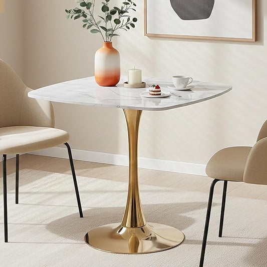Square Dining Table,31.5" Tulip Table with Metal Pedestal,15-Minute Quick Assembly,Mid Century Modern Leisure Table for Kitchen Small Places Cafe (Faux Marble White Gold)
