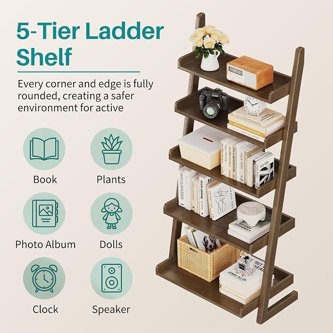 Walnut Wooden Ladder Shelf with Edges - 5 Tier Leaning Ladder Bookshelf Shelf Bookcase for Saving Space, Solid Wood Book Shelf for Living Room, Bedroom, Home Office, 23.6" Dx15.7 Wx55.1 H