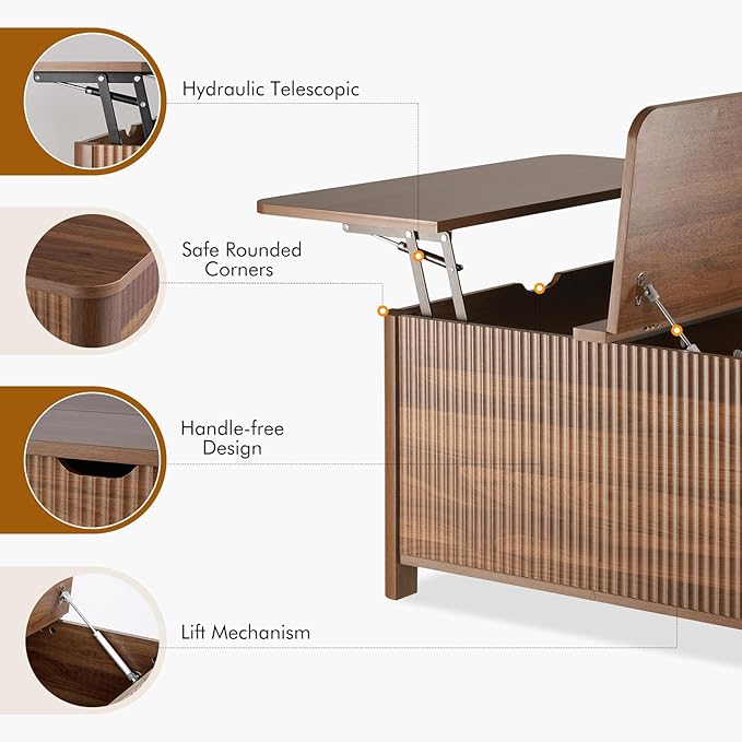 LYNCOHOME 31.5" Fluted Lift Top Coffee Table with Storage, Square Coffee Tables for Living Room, Coffee Table with Large Hidden Storage Compartment and Adjustable Shelves，Walnut