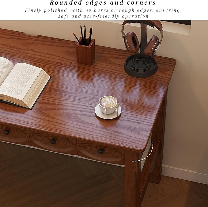 Mid Century Modern Home Office Desk, Solid Wood Writing Desk Multi-Functional Computer Table with 2 Drawers, Vanity, Study Desk for Bedroom/Living Room/Study/Workstation