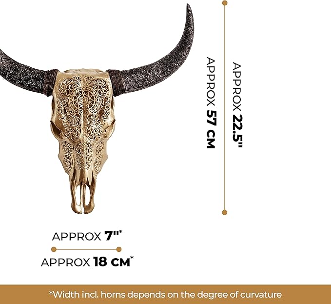 Skull Bliss - Hand-Carved Real Authentic Taxidermy Cow Skull/Bull Skull Wall Decor with Horns/Real Animal Cow Skull Wall Decor (Hand-Carved Horns)