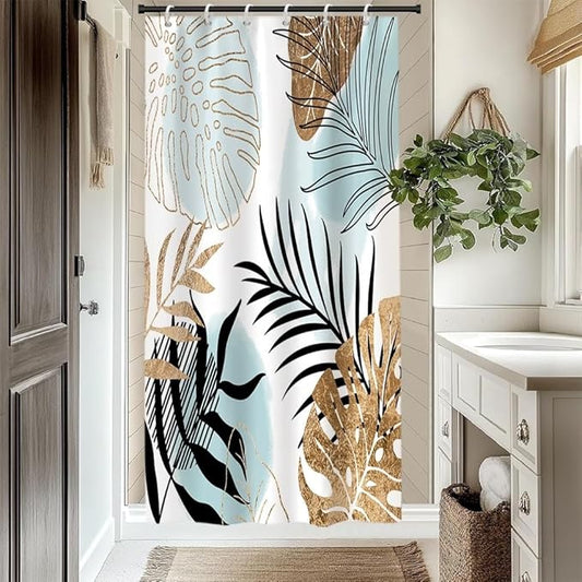 Modern Boho Shower Curtain Turquoise Gold Palm Leaves Abstract Aesthetic Bathroom Decor Watercolor Botanical Theme Bohemian Bath Curtains Washable Waterproof Polyester Fabric with Hooks 36x72 Inch