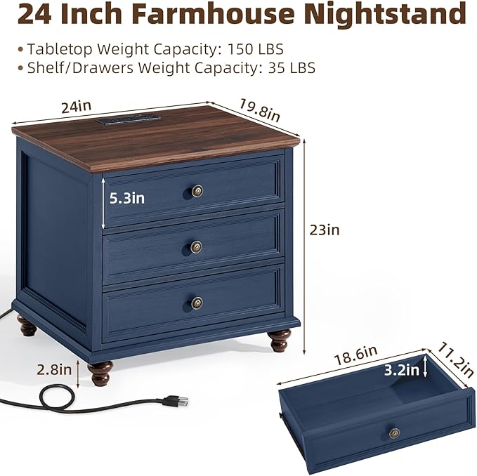 Farmhouse Nightstand with Charging Station, 24" Wide End Table with 3 Drawers,Blue Wood Dresser for Bedroom, Bed Side Table Chest of Drawers Cabinet,Night Stand for Living Room, Closet