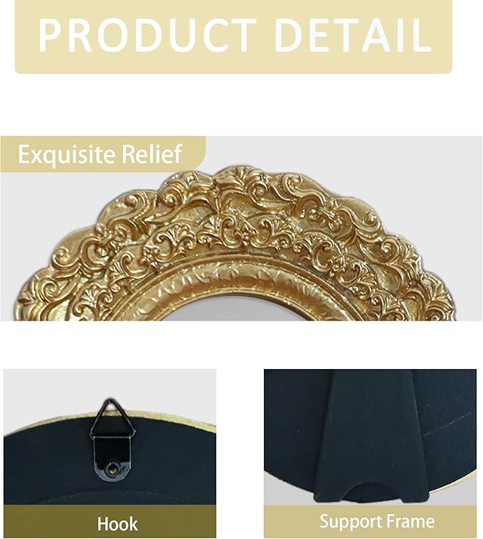 Golden Mini Vintage Mirror with Exquisite Relief Elegant Wall Decor for Bedroom Dresser Table Compact Resin Retro Design (Gold Round, 5X5)