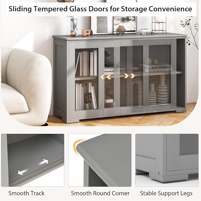 Byroce Sideboard Buffet Cabinet, Stackable Storage Coffee Bar Cabinet with Adjustable Shelf & Glass Sliding Doors, Wood Cupboard Credenza Console Table for Kitchen Dining Living Room (2, Grey)