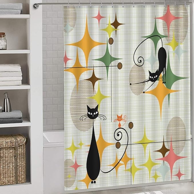 Mid Century Modern Shower Curtain for Bathroom, Rustic Star Abstract Geometric Black Cat Atomic Kittey Pastel Vintage 1950s 1960s Waterproof Fabric Shower Curtain Set with Hooks, 72"x78"