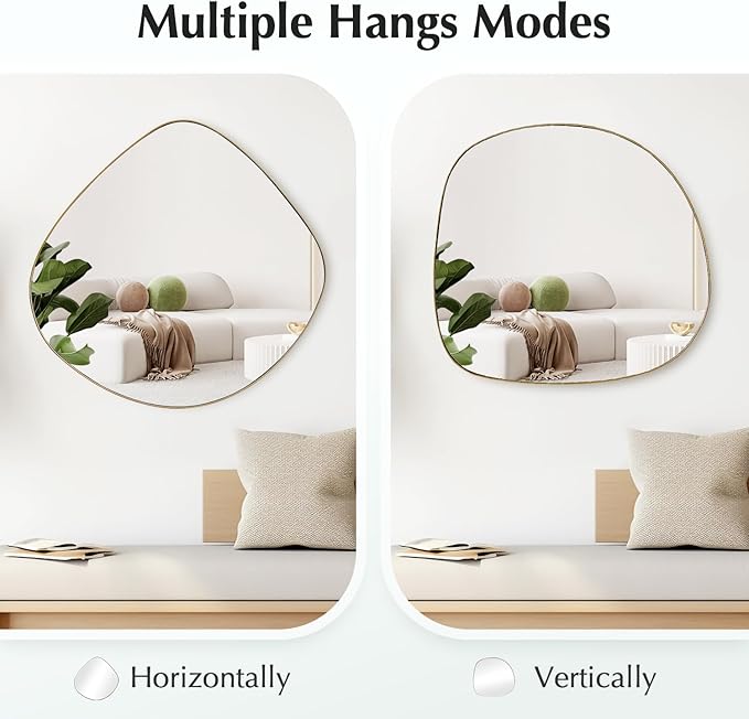 Asymmetrical Wall Mirror Matel Brass Framed Wall Mirror for Living Room Bedroom Bathroom Entryway Wall Decor 23.6" L x 23.6" W ELE-004G