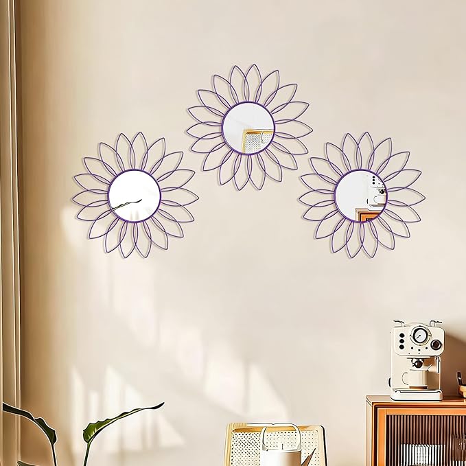 3 Pack Metal Mirrors for Wall Sunburst Wall Mirrors Home Décor Decorative Hanging Wall Art for Living Room Bedroom Entryway (Purple, Flowers)