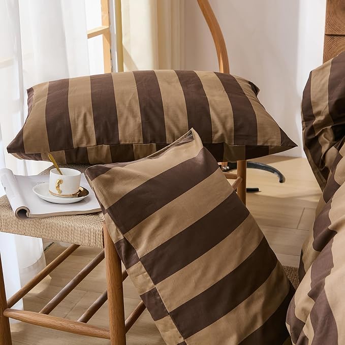 Merryword Brown Striped Duvet Cover Set Queen Size, 100% Natural Cotton Linen Like Duvet Cover Set with Zipper Closure & 8 Corner Ties, Brown Khaki Soft Reversible Bedding for All Seasons