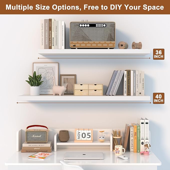 12 Inch Deep Floating Shelves, 36" W x 12" D Wood Floating Shelves for Wall, Large Storage Space Wall Mount Shelf with Invisible Brackets for Living Room Kitchen Bathroom, 1 Pack, White