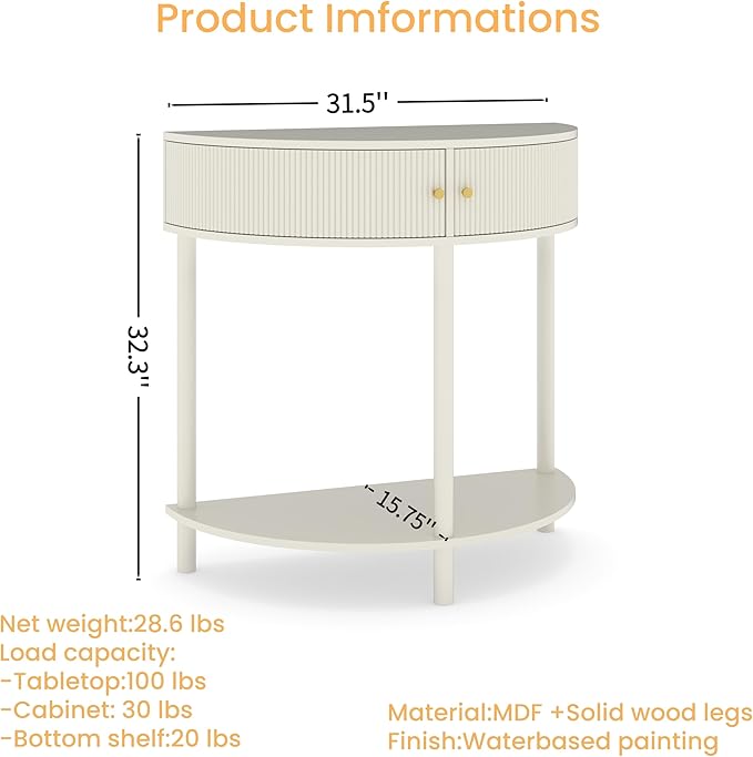 31.5'' Wood Small Console Table Retro Curved Sofa Table with 2-Door Storage Space for Living Room Entryway, Circular Half Moon Design, Cream White