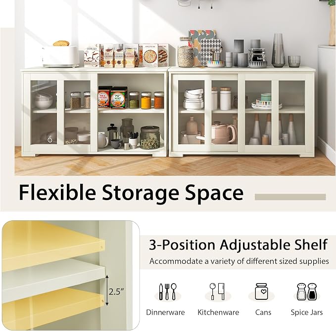 Byroce Sideboard Buffet Cabinet, Stackable Storage Coffee Bar Cabinet w/Adjustable Shelf & Glass Sliding Doors, Wood Cupboard Credenza Console Table for Kitchen Dining Living Room (2, Antique White)