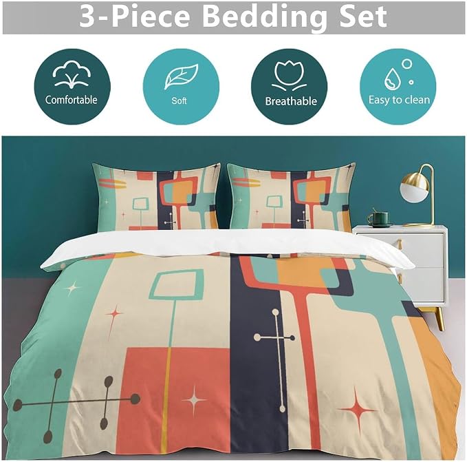 Mid Century Duvet Cover Queen Retro Atomic Bedding Set, Rainbow Grid Comforter Cover Vintage Fifties 1950s Bed Set，Abstract Art Bedding 3 Piece (1 Duvet Cover 90"x90" + 2 Pillow Sham 20"x30")