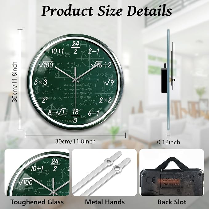 peacoblue Wall Clocks Battery Operated 12 Inch Math Problems on Blackboard Glass Round Wall Clock Non Ticking for Kitchen Living Room Dining Room Classroom and Study Room Decor (Battery Not Included)