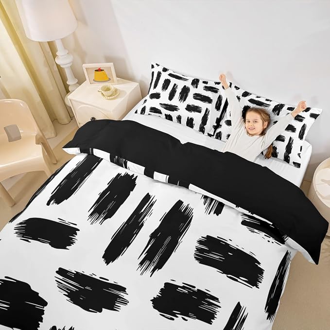 Erosebridal Geometric Stripes Duvet Cover Full Bohemian Exotic Abstract Striped Comforter Cover for Kids Teens | Black White Ink Brushed Bedding Set Lines Bed Set with 2 Pillow Cases