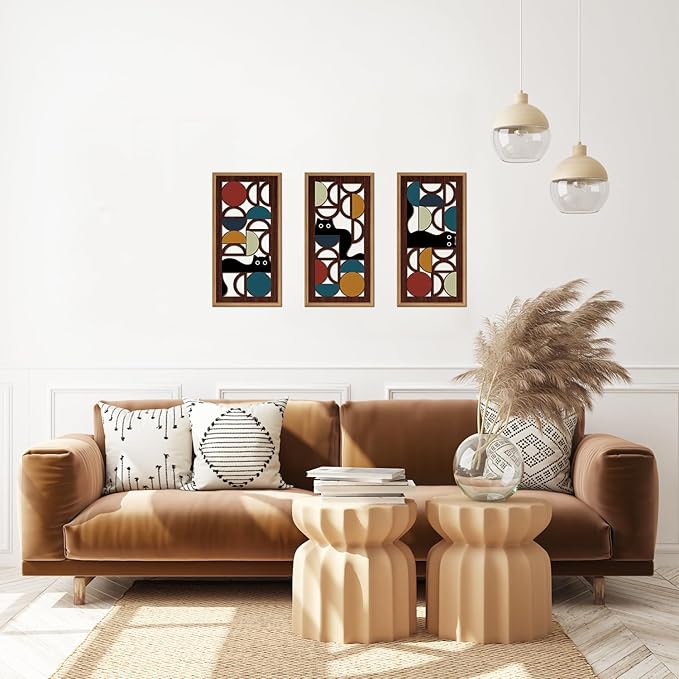 IARTTOP 3Pcs Boho Black Cat Wall Decor Framed Abstract Geometric Wood Wall Art Mid Century Modern Artwork Geometric Cat Hanging Decor for Living Room Bedroom Office Lovely Cat Gifts 8 x16 Inch