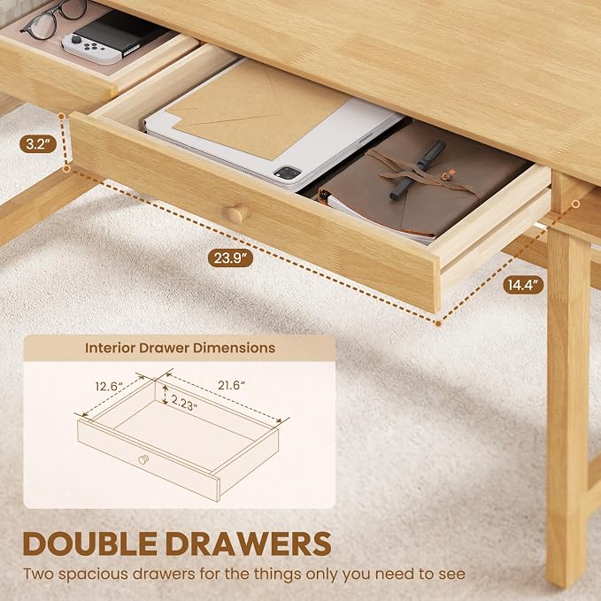 Double-Top Solid Wood Desk - 60-Inch Mid-Century Modern Writing Table with Drawers for Home Office, Study, and Creation, Rubberwood Computer Desk in Honey Oak